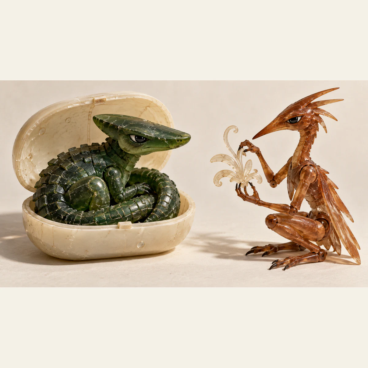 A scuffed green resin dinosaur curls inside an open ivory case while a slender copper-colored creature carefully holds a translucent floral flourish. Both cast shadows on a warm ivory surface.