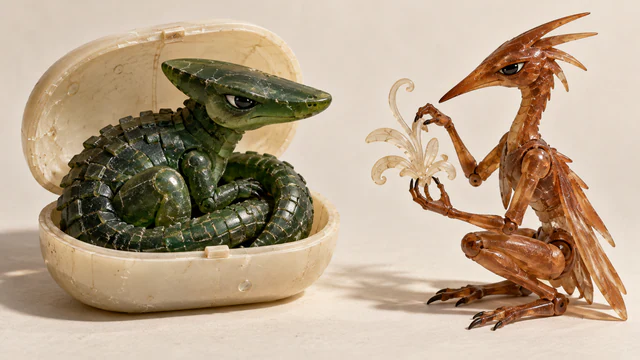 A scuffed green resin dinosaur curls inside an open ivory case while a slender copper-colored creature carefully holds a translucent floral flourish. Both cast shadows on a warm ivory surface.