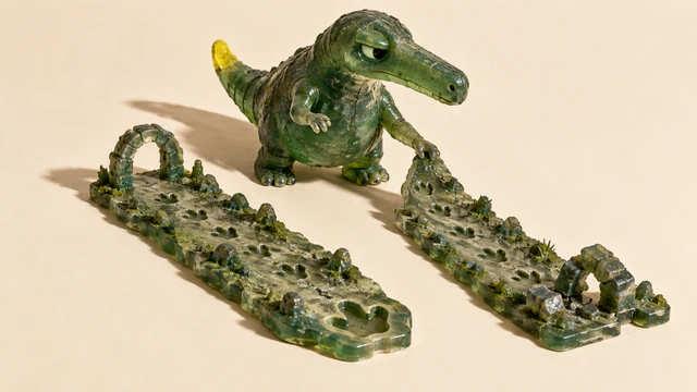 A skeptical green resin dinosaur grips one of two footprint-covered miniature paths. One path has an intact arch, the other a partly collapsed arch, with hard shadows across an ivory background.