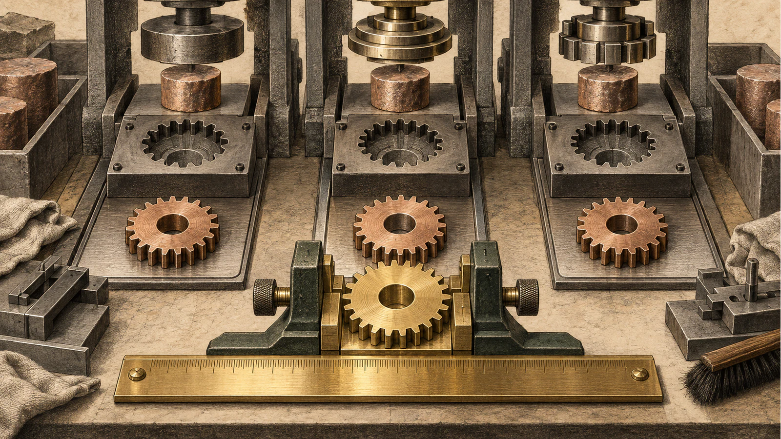 Three presses shape identical copper blanks into subtly different gears beside one shared brass reference gauge.