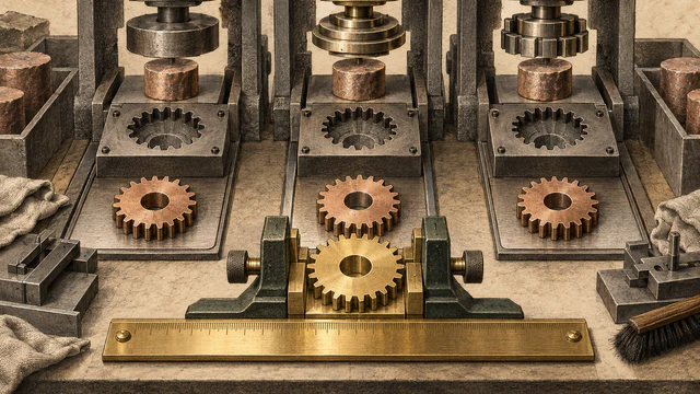 Three presses shape identical copper blanks into subtly different gears beside one shared brass reference gauge.