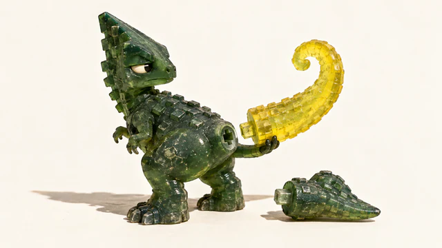 A skeptical green resin dinosaur holds a curled yellow tail beside its exposed attachment socket. A shorter green tail rests nearby, with a similar connector, on an ivory surface under hard shadows.