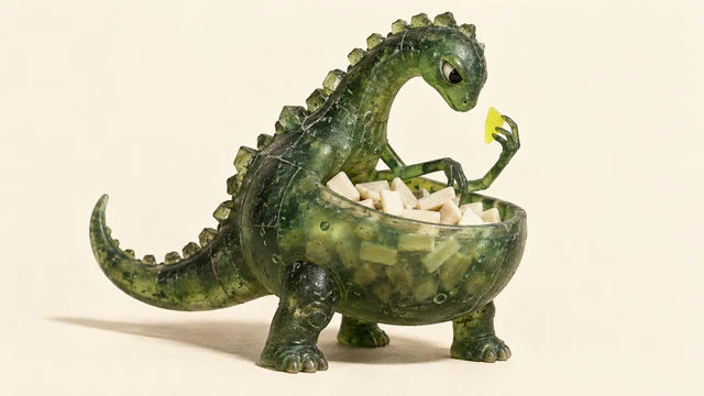 A scuffed translucent green dinosaur with a bowl-shaped belly full of ivory pieces examines one yellow shard, casting a long shadow on a warm ivory background.