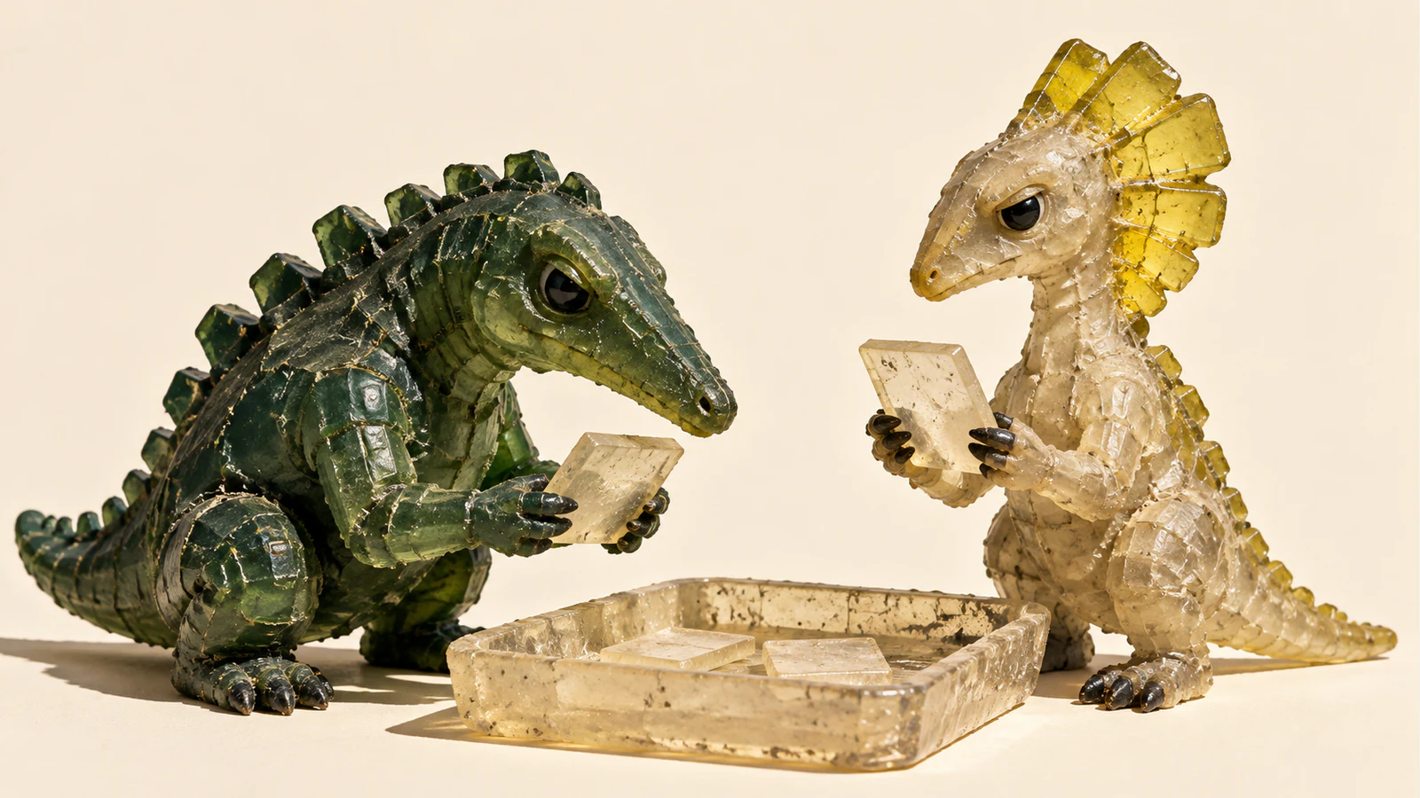 Two scuffed translucent resin dinosaurs, one forest-green and one ivory with a yellow frill, examine blank rectangular wafers beside a shared shallow tray on a warm ivory background.