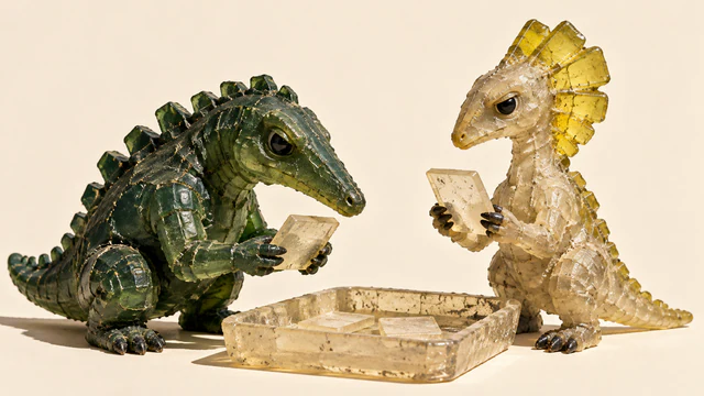 Two scuffed translucent resin dinosaurs, one forest-green and one ivory with a yellow frill, examine blank rectangular wafers beside a shared shallow tray on a warm ivory background.