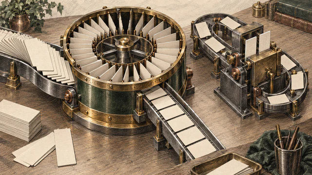 A global brass sorting drum orders blank document cards in one pass beside a smaller comparator that cycles cards repeatedly.