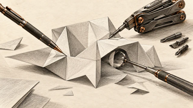 Three distinct precision tools work on different parts of one folded paper construction.
