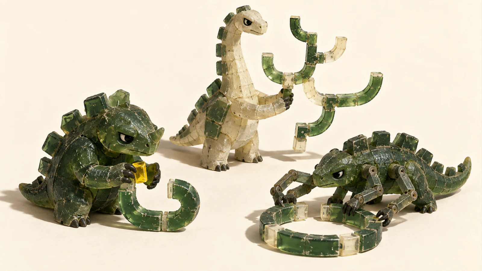 Three scuffed green-and-ivory resin dinosaurs work separately: one holds a yellow insert beside a curved piece, one supports a branching assembly, and one uses multiple arms around an open ring. Hard shadows fall across a warm ivory background.