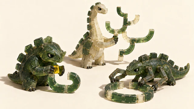 Three scuffed green-and-ivory resin dinosaurs work separately: one holds a yellow insert beside a curved piece, one supports a branching assembly, and one uses multiple arms around an open ring. Hard shadows fall across a warm ivory background.