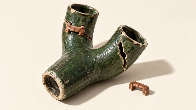 A chipped forest-green ceramic Y-shaped vessel on warm ivory. A copper-colored staple bridges one branch’s crack; the other branch remains split, with a loose staple beside it. Hard light casts a long shadow.