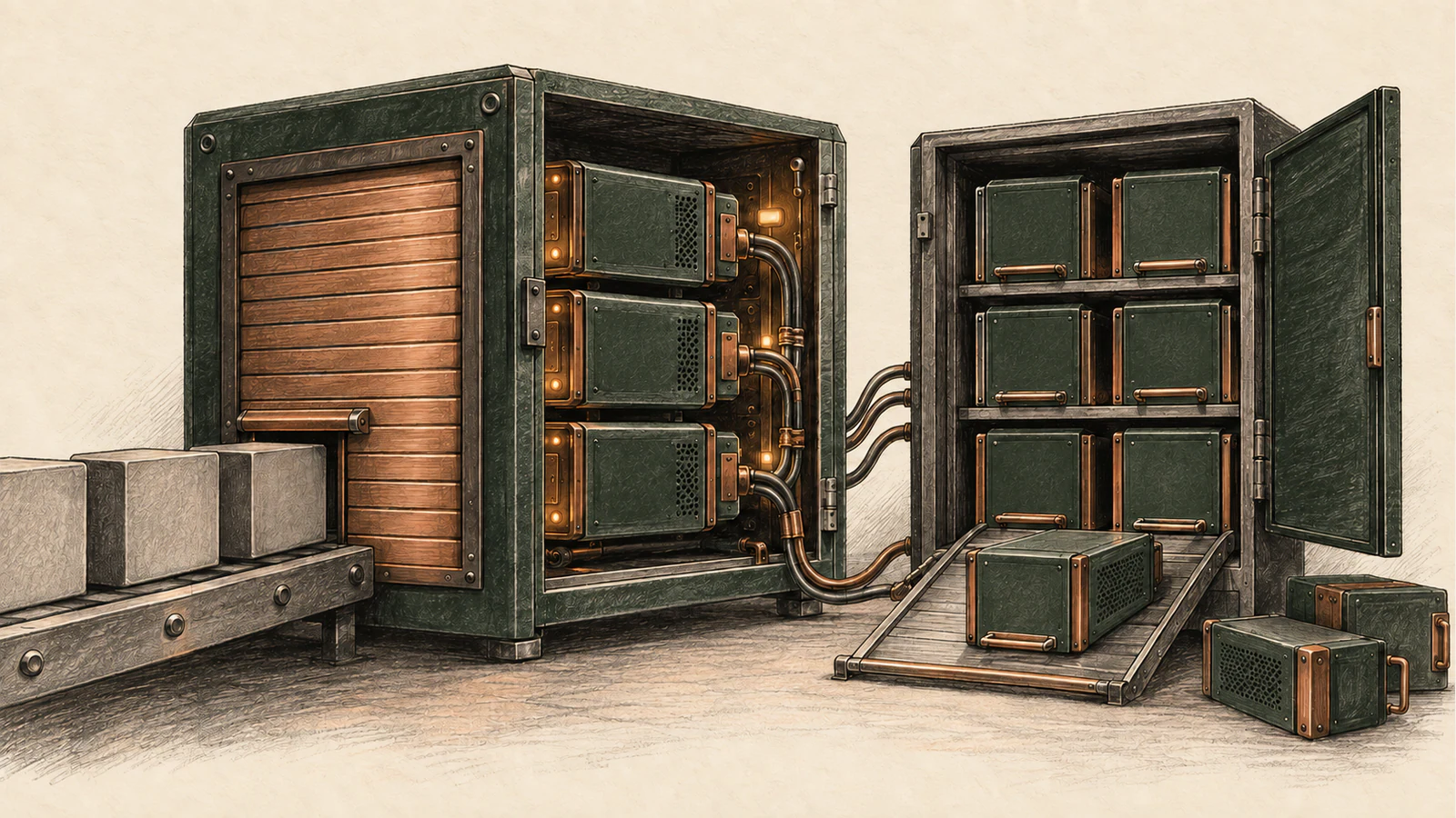 A model-testing cabinet has a closed entry shutter while an existing circuit remains connected beside an open alternative catalog.