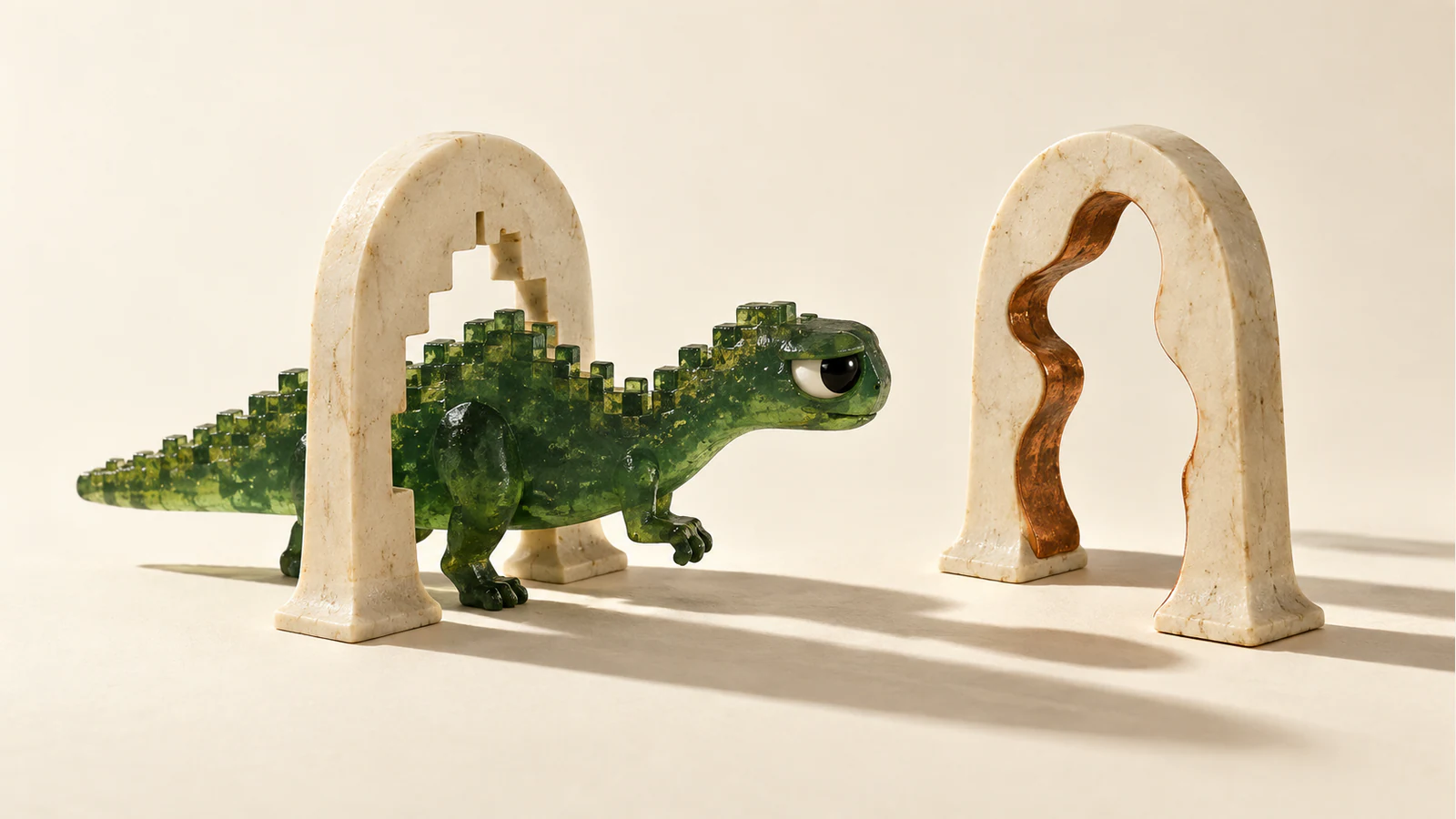 A translucent green dinosaur with blocky scales steps through a jagged ivory arch, eyeing a separate copper-lined, wavy opening ahead. Hard shadows cross the warm ivory ground.
