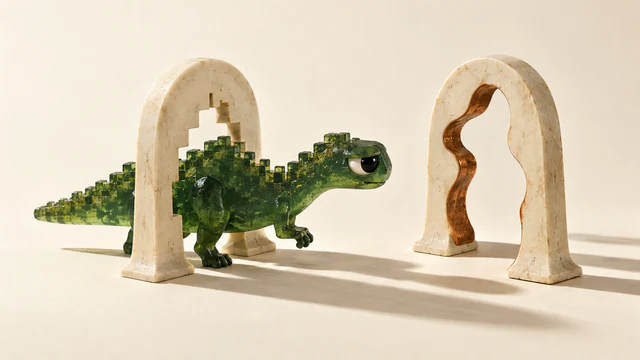 A translucent green dinosaur with blocky scales steps through a jagged ivory arch, eyeing a separate copper-lined, wavy opening ahead. Hard shadows cross the warm ivory ground.
