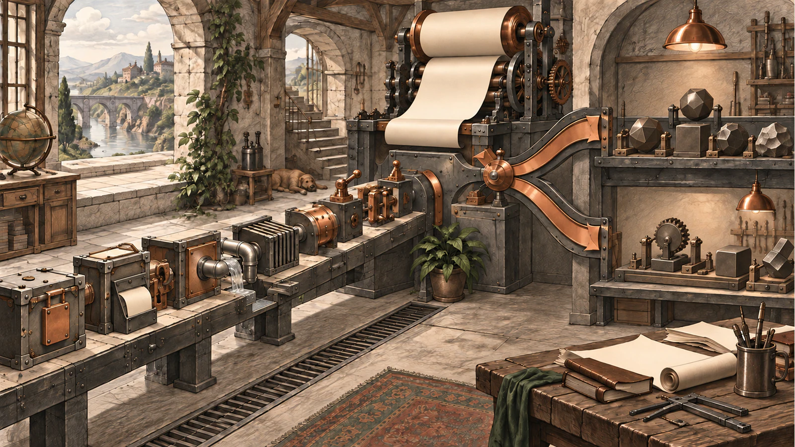 An unattended execution workshop routes a blank long scroll through locks, recovery mechanisms, and specialist branches holding abstract tasks.
