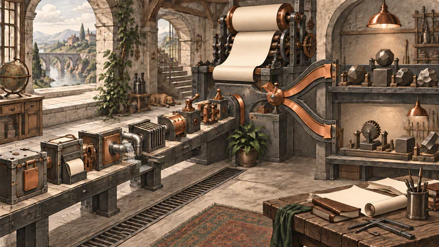 An unattended execution workshop routes a blank long scroll through locks, recovery mechanisms, and specialist branches holding abstract tasks.