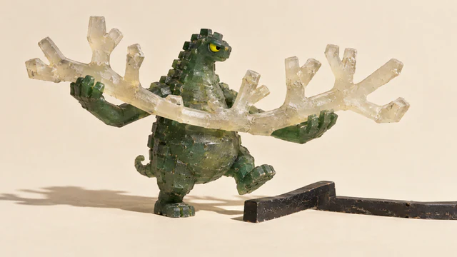 A translucent green resin dinosaur holds a sprawling pale branch across its arms, lifting one foot over an angular black obstacle on an ivory background. A yellow eye and long shadow emphasize its cautious pose.