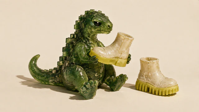 A skeptical translucent green dinosaur sits barefoot on an ivory surface, holding an ivory boot with a yellow sole beside another boot with a ribbed yellow sole. Resin bubbles, rough seams and hard shadows give the scene a handmade appearance.