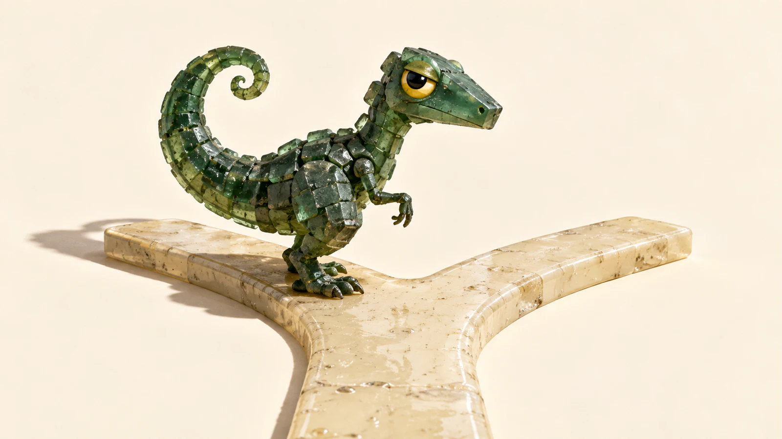 A translucent green resin dinosaur with a curled tail and skeptical yellow eye stands near the junction of an ivory forked path, casting a hard shadow across a warm cream background.
