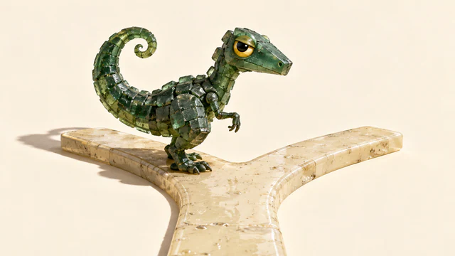 A translucent green resin dinosaur with a curled tail and skeptical yellow eye stands near the junction of an ivory forked path, casting a hard shadow across a warm cream background.