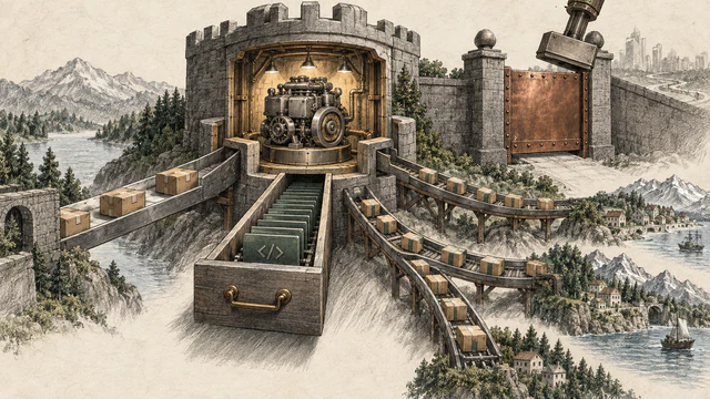 An open-source engine keeps parcels moving over several routes while one outer gate is shut.