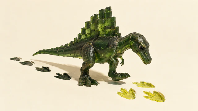 A translucent forest-green resin dinosaur with a blocky sail lifts one foot toward three yellow footprints. Dark footprints trail behind it across an ivory surface, with hard shadows and visible handmade textures.