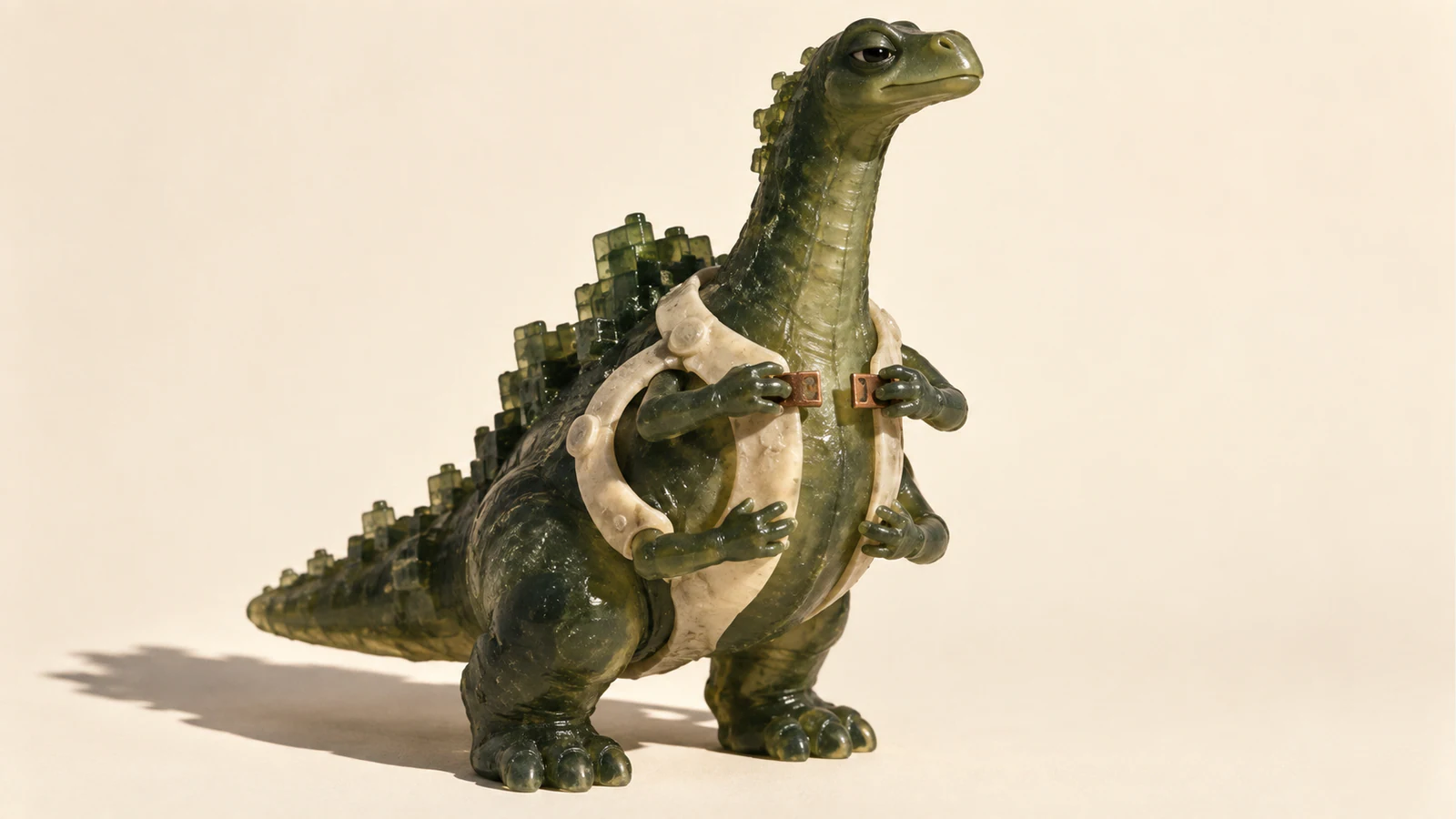 A skeptical, four-armed green resin dinosaur holds apart copper-colored fastenings on an ivory harness. Blocky translucent scales run down its back, and a hard shadow stretches across the warm ivory background.