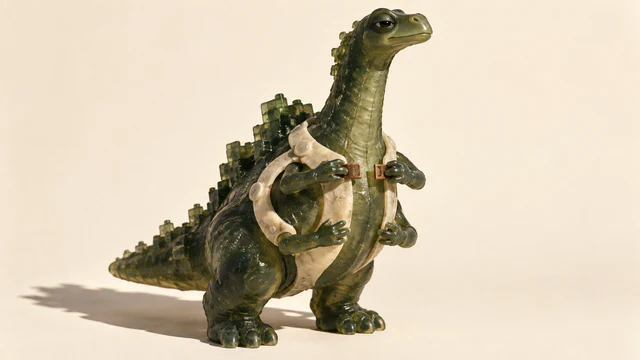 A skeptical, four-armed green resin dinosaur holds apart copper-colored fastenings on an ivory harness. Blocky translucent scales run down its back, and a hard shadow stretches across the warm ivory background.