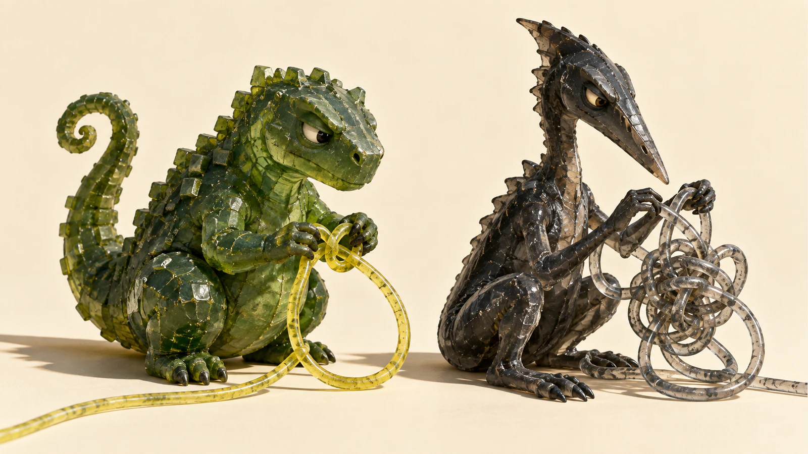Two translucent resin dinosaurs on an ivory surface: a squat green creature handles a yellow cord with a simple loop, while a slender smoky-black creature works on a separate tangled cord. Bubbles, seams and hard shadows emphasize their handmade construction.