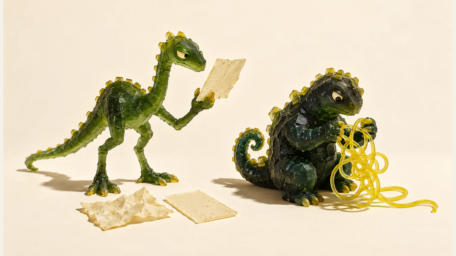 Two handmade green resin dinosaurs on an ivory background: a tall dinosaur examines a blank sheet above smooth and crumpled sheets, while a squat dinosaur works on tangled yellow cord. Bubbles, rough scales and hard shadows emphasize their miniature construction.