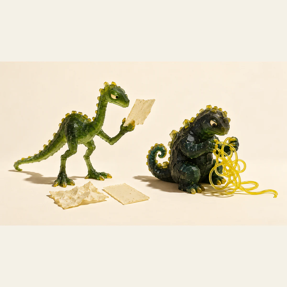 Two handmade green resin dinosaurs on an ivory background: a tall dinosaur examines a blank sheet above smooth and crumpled sheets, while a squat dinosaur works on tangled yellow cord. Bubbles, rough scales and hard shadows emphasize their miniature construction.