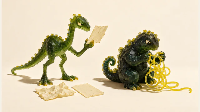 Two handmade green resin dinosaurs on an ivory background: a tall dinosaur examines a blank sheet above smooth and crumpled sheets, while a squat dinosaur works on tangled yellow cord. Bubbles, rough scales and hard shadows emphasize their miniature construction.
