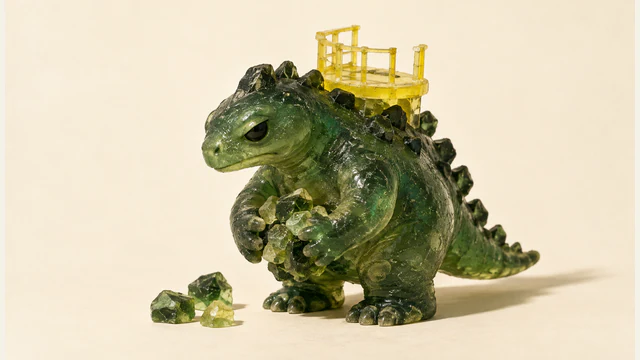A skeptical green resin dinosaur gathers jagged translucent pieces between its hands while carrying a yellow balcony on its back. Loose pieces sit beside its feet on an ivory surface.