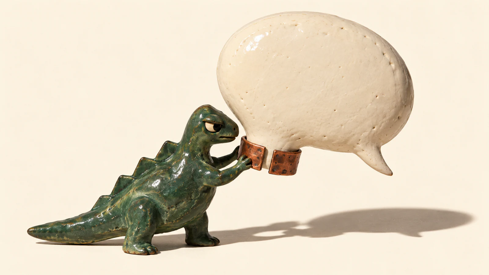 A skeptical green ceramic dinosaur holds an open copper-colored collar around the narrow base of an oversized blank ivory speech bubble. Handmade surface imperfections and long shadows stand out against a warm ivory background.