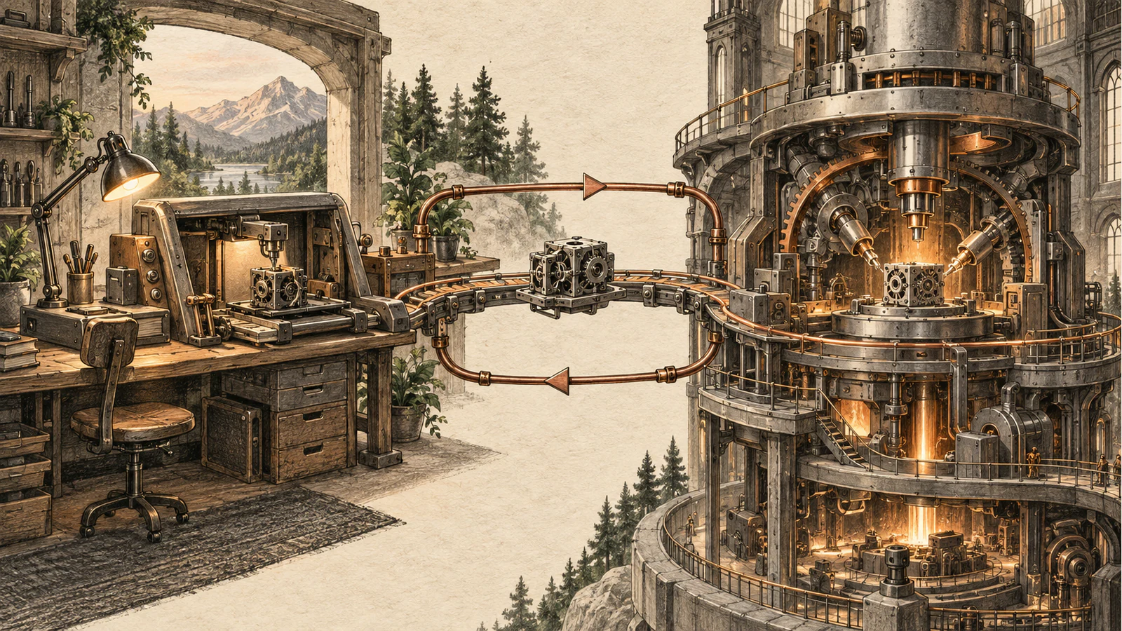 A coding workshop and model foundry exchange a component through a copper feedback loop.