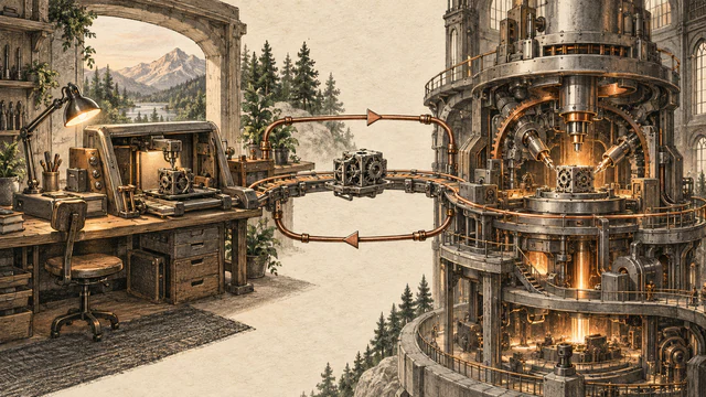 A coding workshop and model foundry exchange a component through a copper feedback loop.