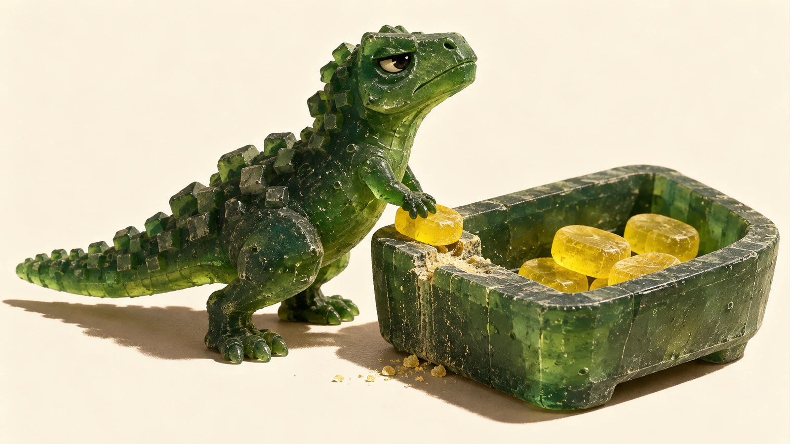A skeptical green resin dinosaur presses a yellow lozenge against the chipped rim of a trough containing similar pieces. Crumbs and hard shadows fall across an ivory surface.