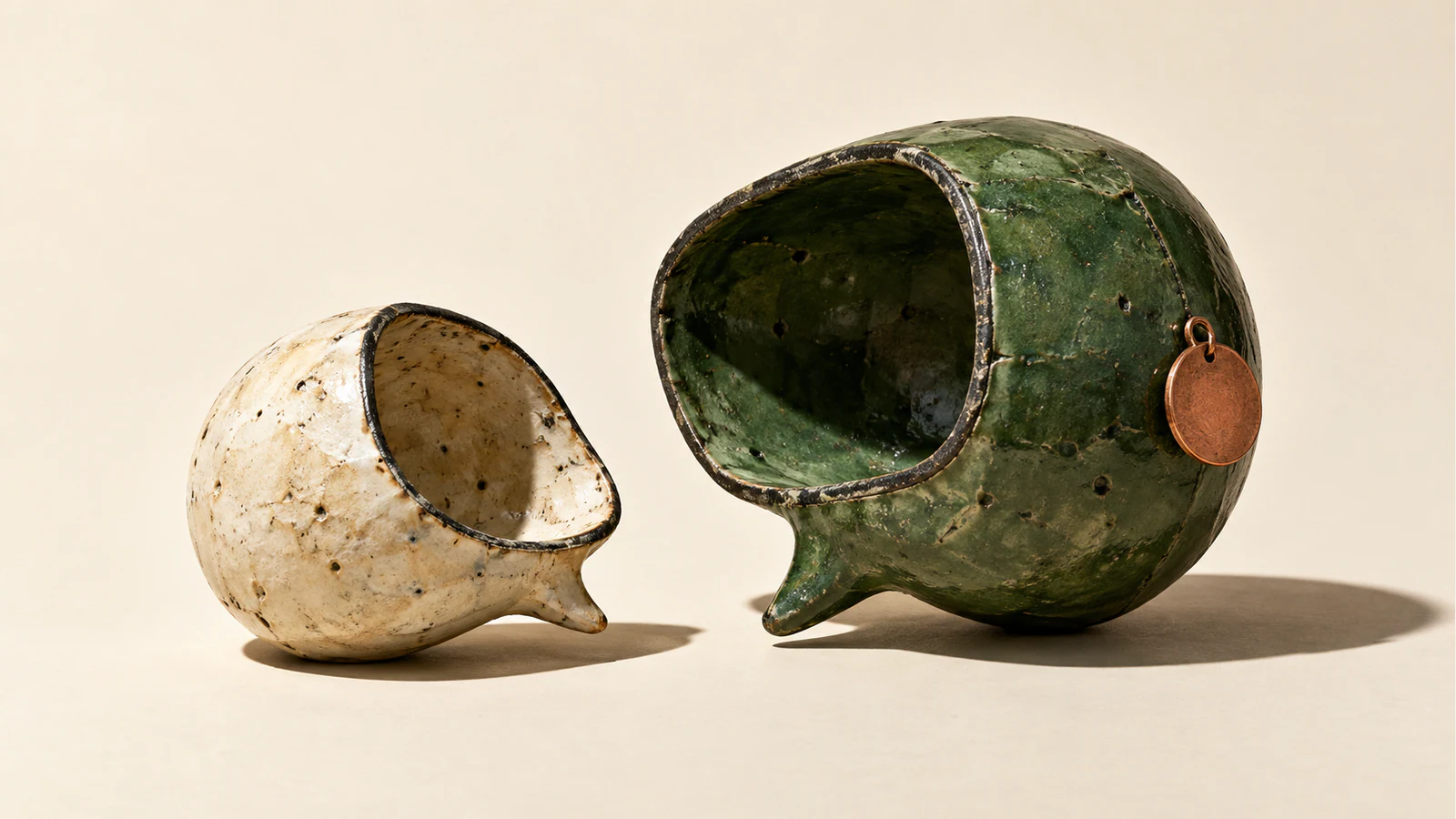 Two hollow, weathered ceramic speech bubbles face each other on an ivory surface. The larger forest-green form carries a blank copper-colored tag; the smaller form is cream.