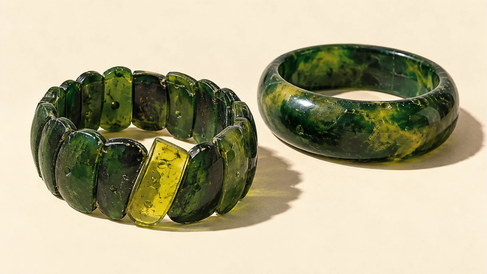Two imperfect green resin bracelets cast hard shadows on ivory. The segmented bracelet has one tilted yellow piece; the smooth bangle contains diffuse yellow mottling.