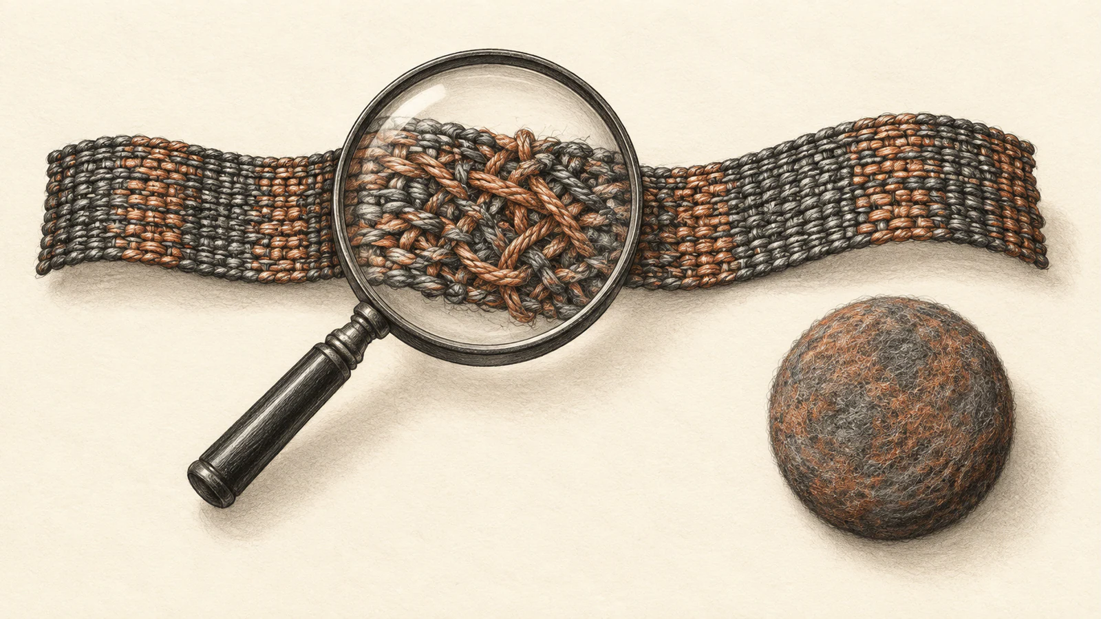 A magnifying glass enlarges tangled copper and charcoal threads within a woven ribbon. A separate rounded felt disk rests below on textured ivory paper.