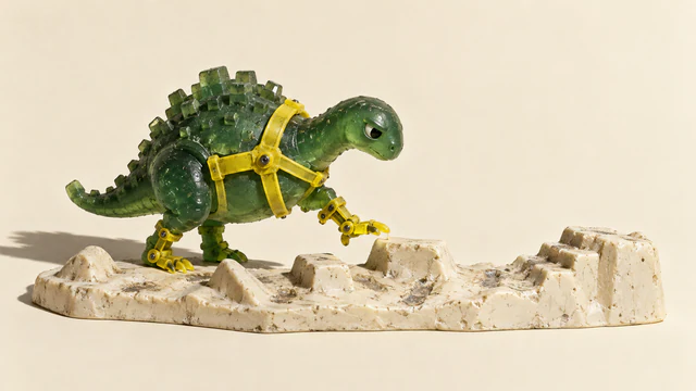 A skeptical green resin dinosaur wears a yellow articulated harness, lifting one claw toward a hurdle on a scuffed ivory obstacle course. Hard shadows fall across the warm cream background.