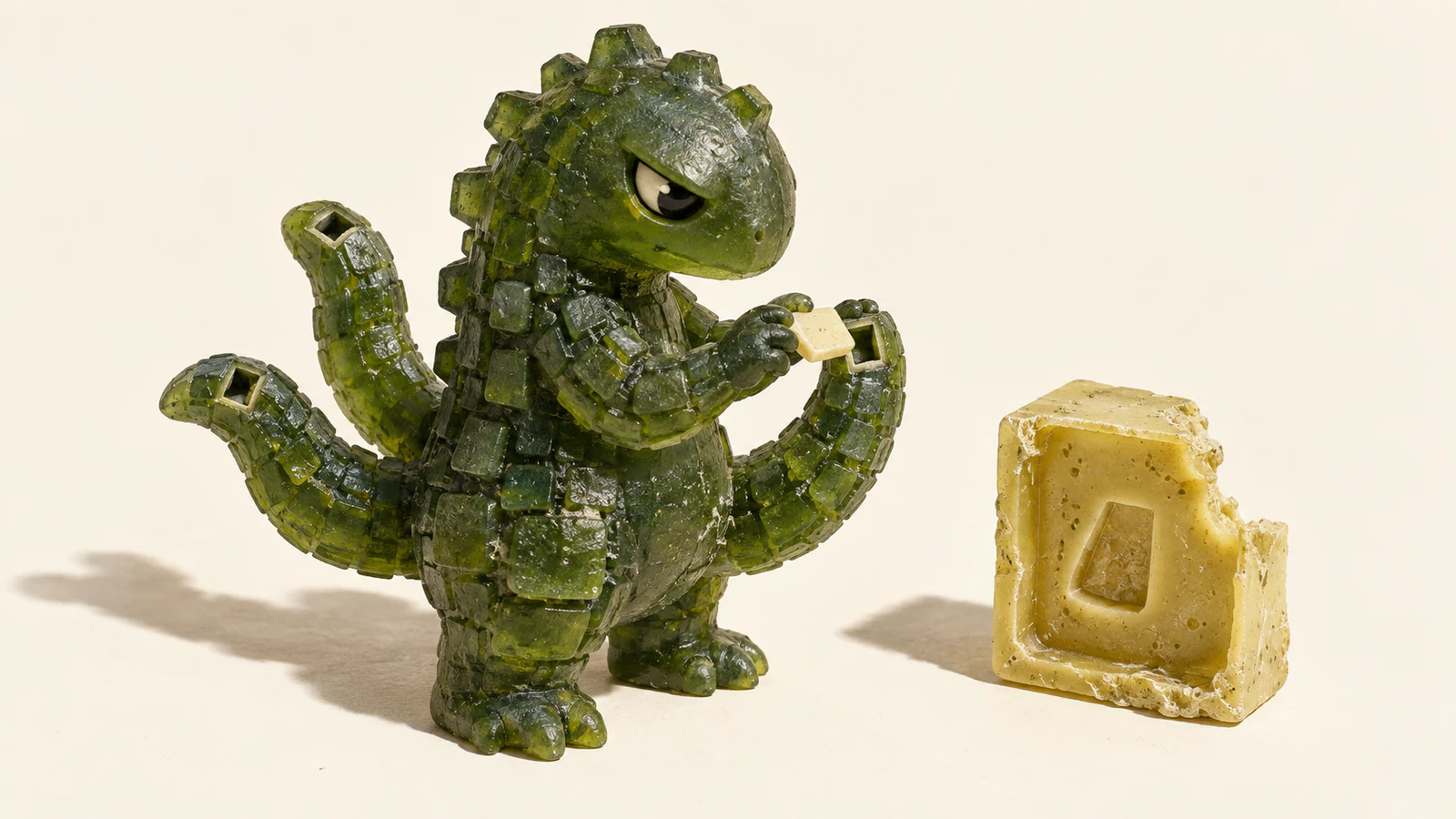 A skeptical translucent green resin dinosaur holds an ivory scale beside a socket in one of three curling tails. A rough yellow mold with a missing corner stands nearby on an ivory surface, casting a hard shadow.