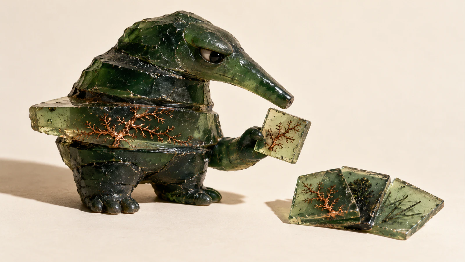 A skeptical, long-snouted green resin creature holds a tile with a copper branching pattern beside three reference tiles. A translucent middle body layer exposes similar branching detail against a warm ivory background.