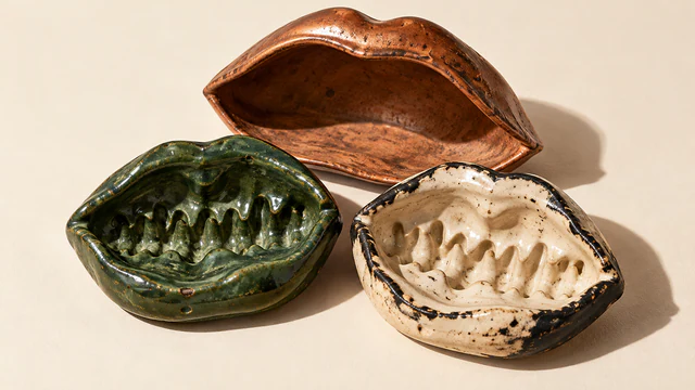 Two mouth-shaped ceramic dishes, forest green and black-edged ivory, expose rippled interiors beneath a larger, smooth copper-colored mouth shell. Worn glazes cast hard shadows across an ivory surface.