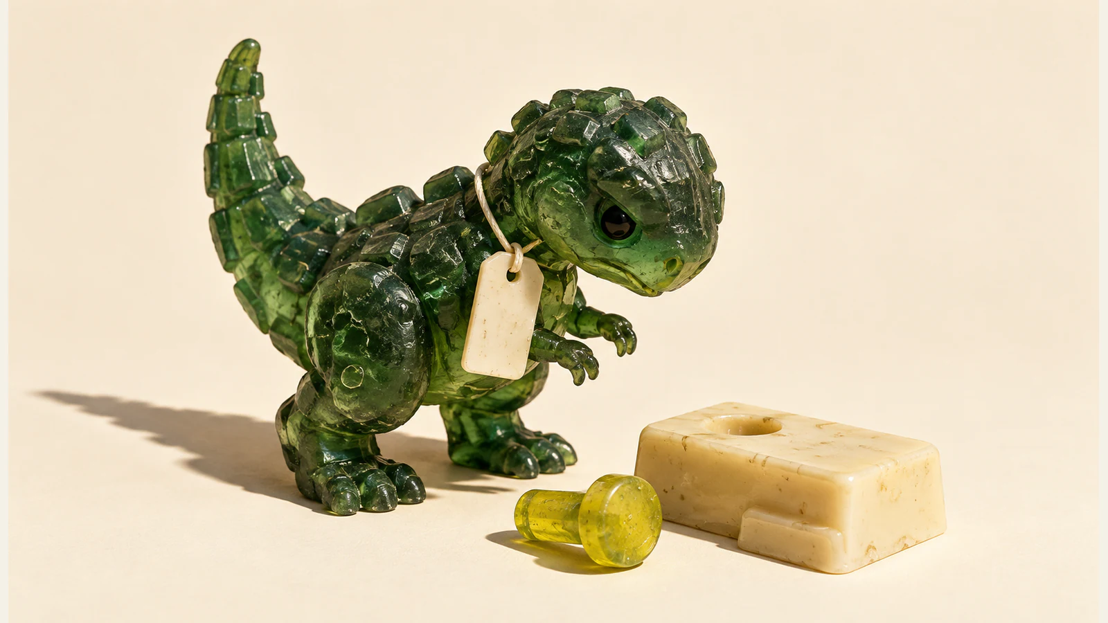 A translucent green resin dinosaur with a blank ivory tag looks down at a yellow peg lying beside an empty socket in an ivory block. Hard shadows fall across the warm cream background.