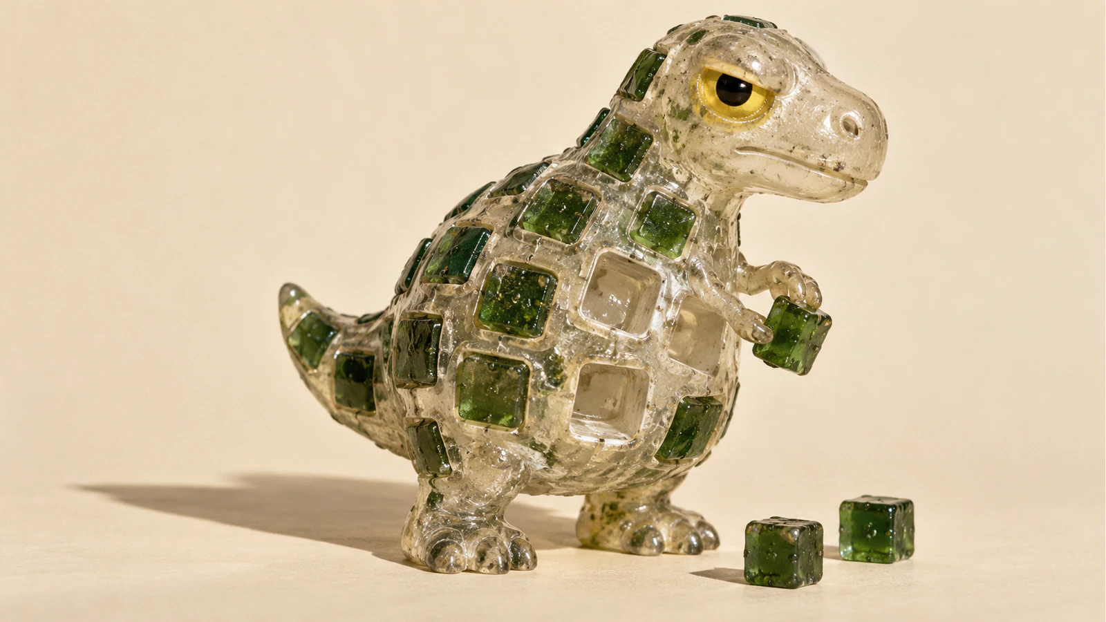 A bubble-filled clear resin dinosaur with a skeptical yellow eye holds a green cube beside empty sockets in its rounded body. Two loose cubes sit on an ivory surface beneath a hard sideways shadow.