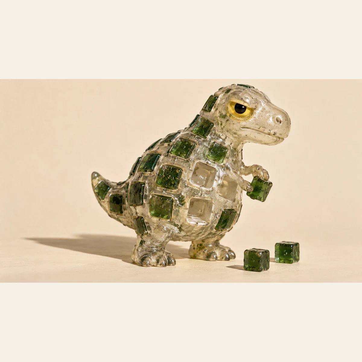 A bubble-filled clear resin dinosaur with a skeptical yellow eye holds a green cube beside empty sockets in its rounded body. Two loose cubes sit on an ivory surface beneath a hard sideways shadow.