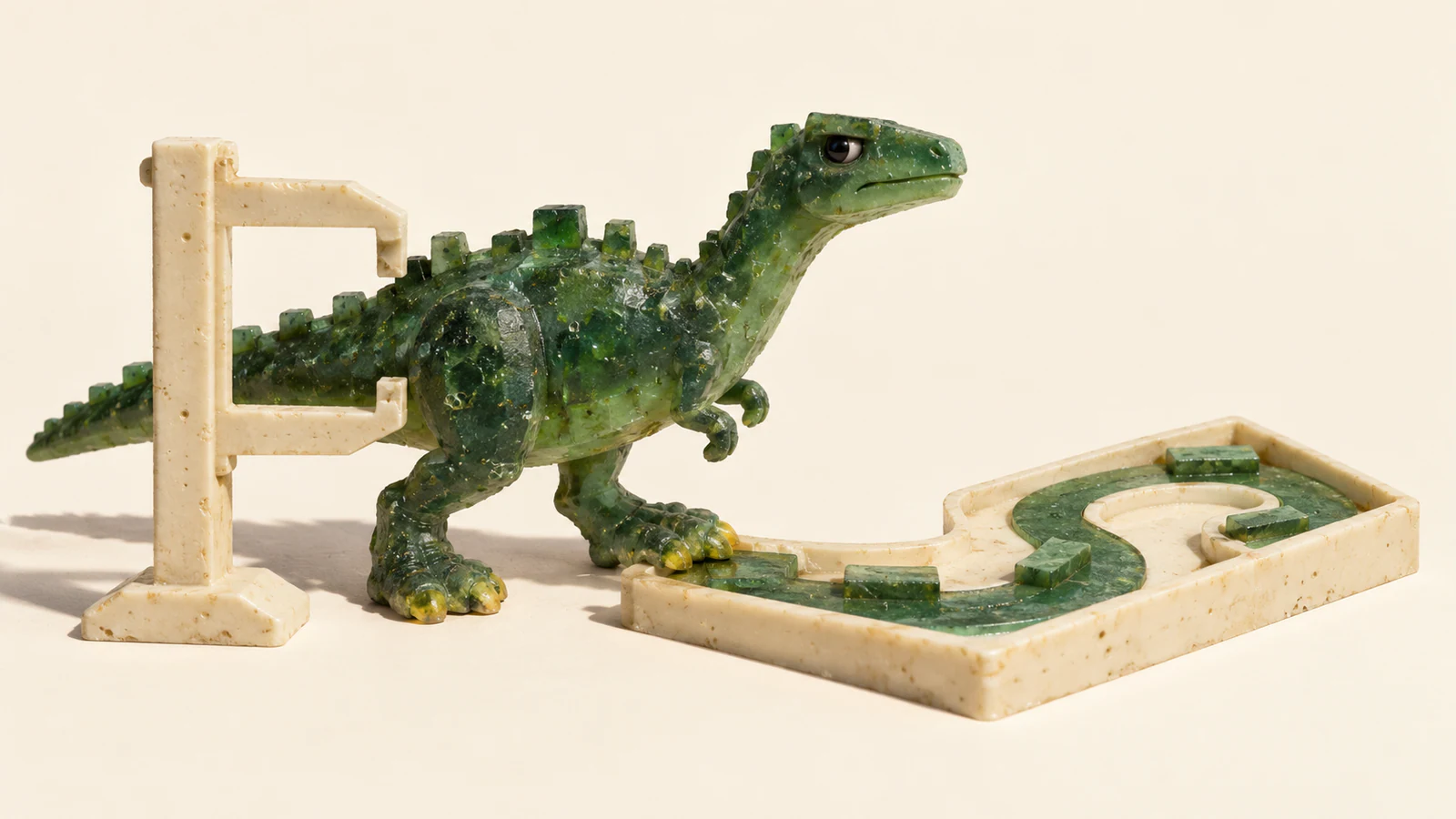 A bubble-filled green resin dinosaur stands within an ivory measuring gauge, one yellow-toed foot at the entrance to a separate winding obstacle course on a warm ivory background.