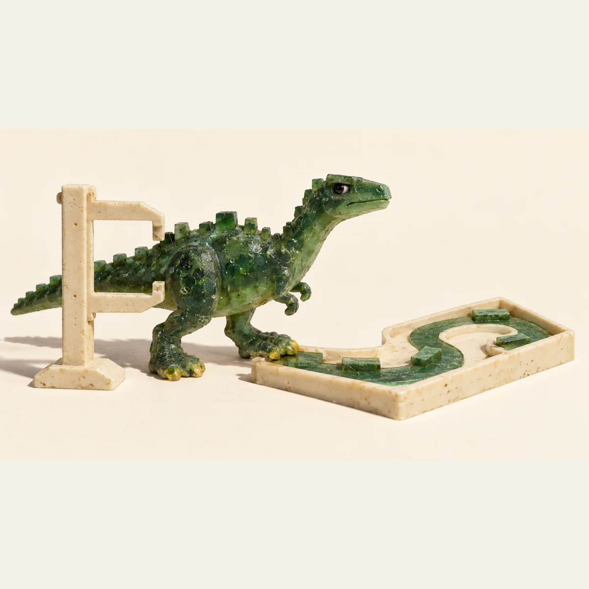 A bubble-filled green resin dinosaur stands within an ivory measuring gauge, one yellow-toed foot at the entrance to a separate winding obstacle course on a warm ivory background.