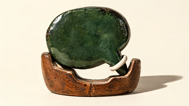 A worn forest-green ceramic speech bubble rests unevenly in a copper-colored cradle, leaving a broad gap. An ivory ring encircles its tail. Hard shadows fall across the warm ivory background.