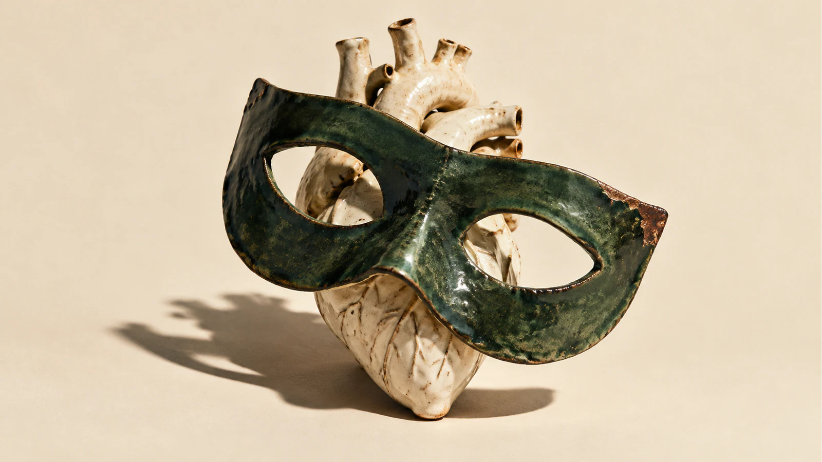 A weathered forest-green ceramic eye mask partly obscures an ivory anatomical heart, casting a hard shadow across a warm cream background.